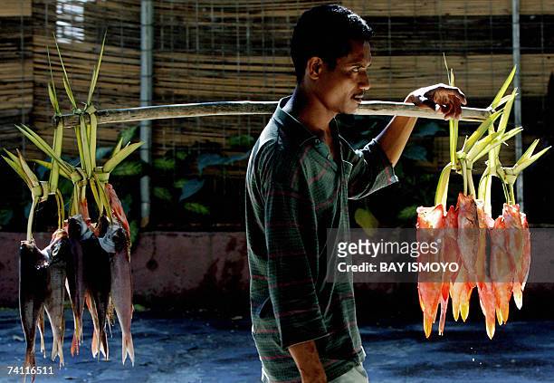 An East Timorese vendor carries fishes on his shoulder as he looks for customers in Dili, 10 May 2007, a day after the presidential election. Nobel...