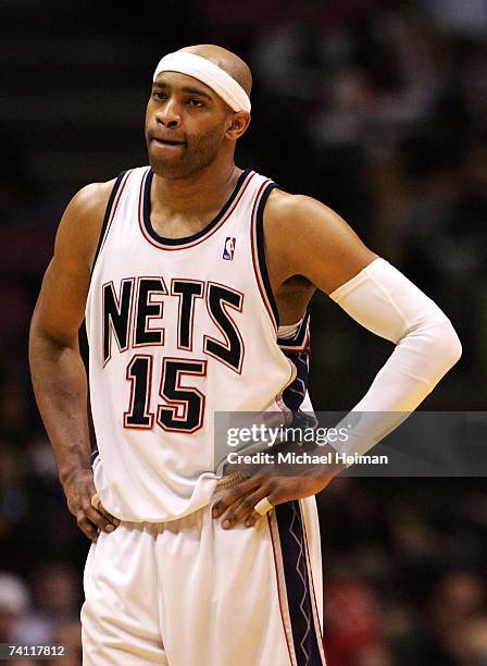 Vince Carter of the New Jersey Nets looks on against the Toronto Raptors in Game Six of the Eastern Conference Quarterfinals during the 2007 NBA...