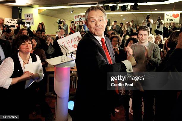 British Prime Minister Tony Blair speaks at Trimdon Labour Club in his Sedgefield constituency where he is announced his departure as Prime Minister,...