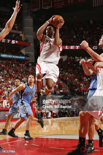 Tracy McGrady of the Houston Rockets goes up for a shot in Game Seven of the Western Conference Quarterfinals during the 2007 NBA Playoffs against...