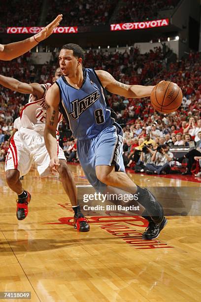 Deron Williams of the Utah Jazz drives upcourt in Game Seven of the Western Conference Quarterfinals during the 2007 NBA Playoffs against the Houston...