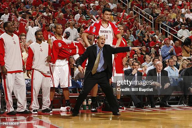 Head coach Jeff Van Gundy of the Houston Rockets reacts in Game Seven of the Western Conference Quarterfinals during the 2007 NBA Playoffs against...