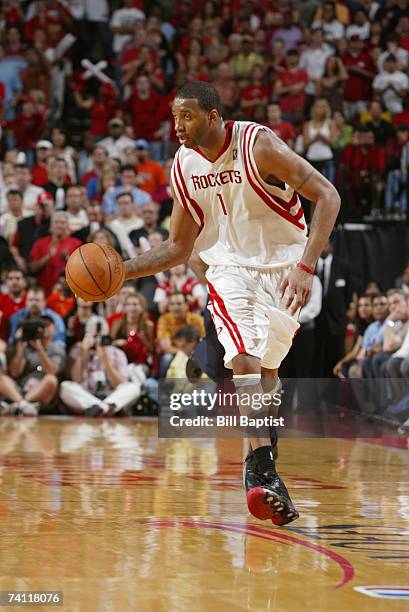 Tracy McGrady of the Houston Rockets drives upcourt in Game Seven of the Western Conference Quarterfinals during the 2007 NBA Playoffs against the...
