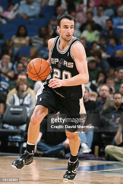 Manu Ginobili of the San Antonio Spurs drives upcourt during the NBA game against the Minnesota Timberwolves at Target Center on April 13, 2007 in...