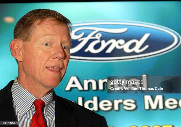 New Ford President and Chief Executive Officer Alan Mulally addresses the media after the Ford Motor Company 2007 Annual Meeting of Shareholders at...