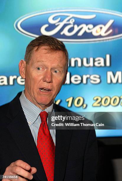 New Ford President and Chief Executive Officer Alan Mulally addresses the media after the Ford Motor Company 2007 Annual Meeting of Shareholders at...