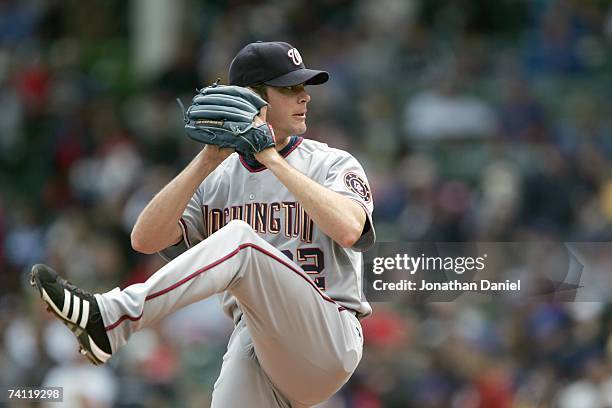 John Patterson of the Washington Nationals delivers the pitch against the Chicago Cubs on May 5, 2007 at Wrigley Field in Chicago, Illinois. The Cubs...