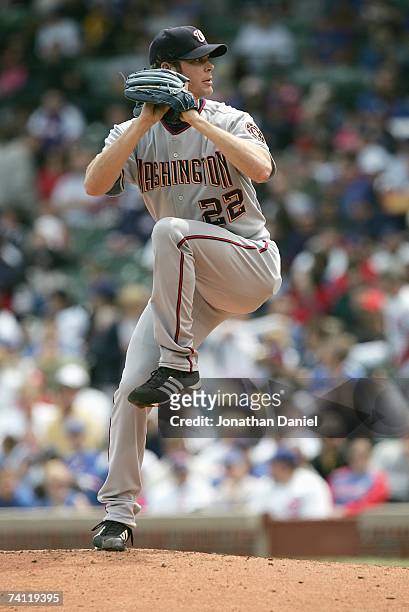 John Patterson of the Washington Nationals delivers the pitch against the Chicago Cubs on May 5, 2007 at Wrigley Field in Chicago, Illinois. The Cubs...