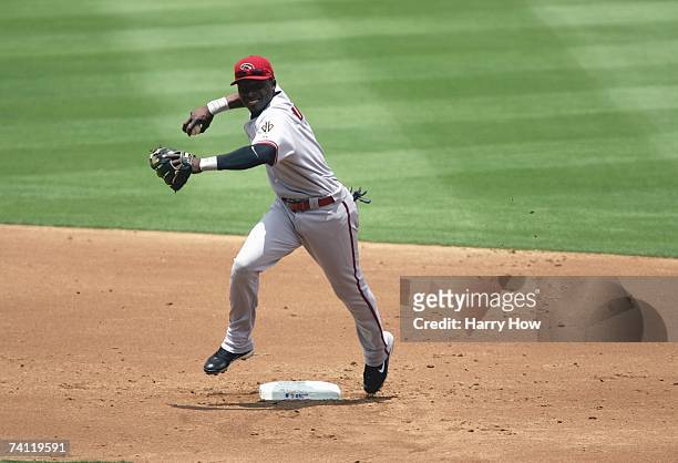 Orlando Hudson of the Arizona Diamondbacks throws to firstbase against the Los Angeles Dodgers on May 2, 2007 at Dodger Stadium in Los Angeles,...