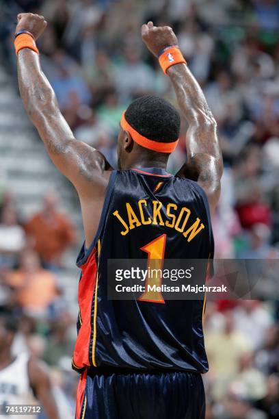 Stephen Jackson of the Golden State Warriors celebrates a play in Game One of the Western Conference Semifinals against the Utah Jazz during the 2007...