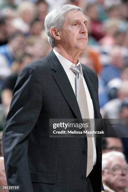 Head coach Jerry Sloan of the Utah Jazz watches the action in Game One of the Western Conference Semifinals against the Golden State Warriors during...