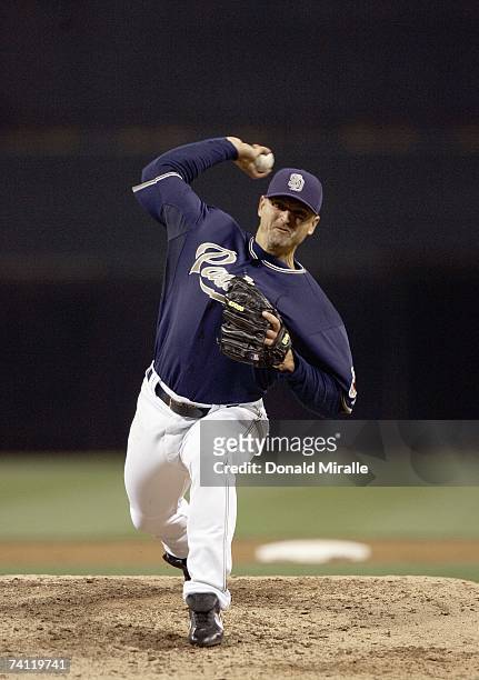 Trevor Hoffman of the San Diego Padres delivers the pitch against the Washington Nationals on May 1, 2007 at Petco Park in San Diego, California.