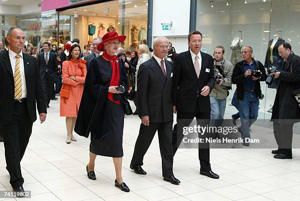 Queen Margrethe II of Denmark and HRH King Carl XVI Gustaf of Sweden visit Field's, Scandinavia's largest shopping centre on May 10, 2007 in...