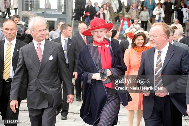 King Carl XVI Gustaf of Sweden and HM Queen Margrethe II of Denmark arrive at Field's, Scandinavia's largest shopping centre on May 10, 2007 in...