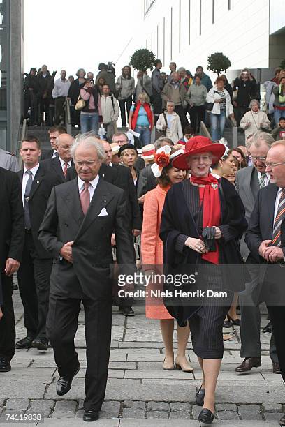 King Carl XVI Gustaf of Sweden and HM Queen Margrethe II of Denmark arrive at Field's, Scandinavia's largest shopping centre on May 10, 2007 in...