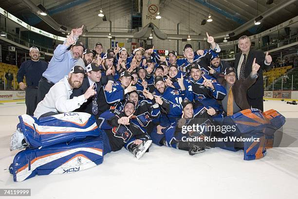 The Lewiston Maineiacs celebrate the victory against the Val D'Or Foreurs in Game four of the QMJHL Finals at the Air Creebec Centre on May 9, 2007...