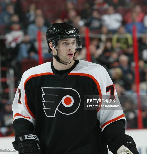 Ryan Parent of the Philadelphia Flyers looks on against the New Jersey Devils at Wachovia Center on April 5, 2007 in Philadelphia, Pennsylvania. The...