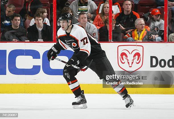 Ryan Parent of the Philadelphia Flyers skates against the New Jersey Devils at Wachovia Center on April 5, 2007 in Philadelphia, Pennsylvania. The...