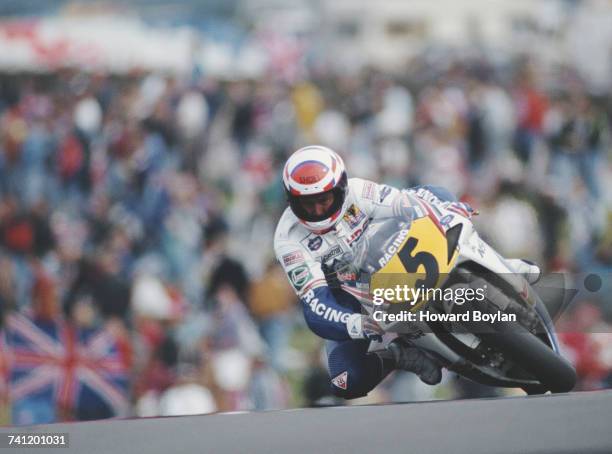 Wayne Gardner of Australia riding the Rothmans Honda-HRC NSR500 during the British motorcycle Grand Prix on 2 August 1992 at the Donington Park...