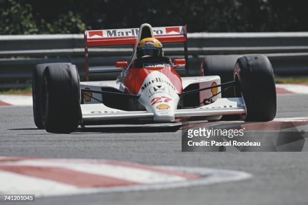 Ayrton Senna of Brazil drives the Marlboro McLaren-Honda MP4/5B during the Belgian Grand Prix on 26 August 1990 at the Circuit de Spa-Francorchamps...