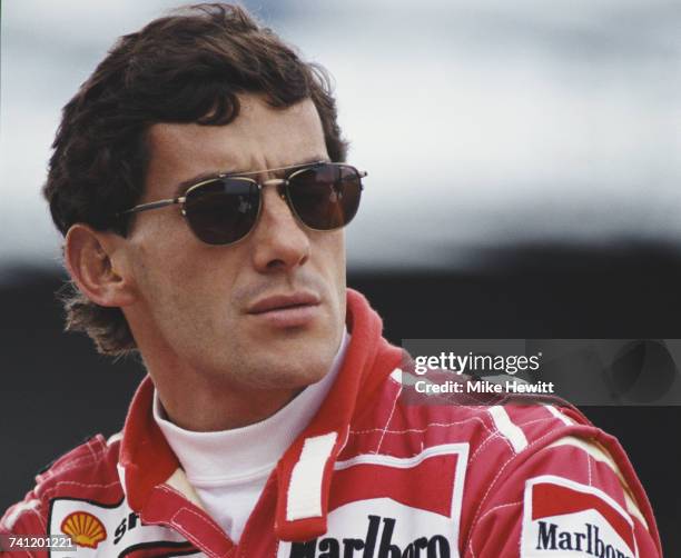 Portrait of Ayrton Senna of Brazil, driver of the Honda Marlboro McLaren McLaren MP4/7A Honda V12 during tyre testing for the British Grand Prix on 7...
