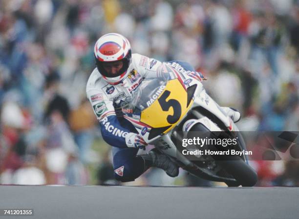 Wayne Gardner of Australia riding the Rothmans Honda-HRC NSR500 during the British motorcycle Grand Prix on 2 August 1992 at the Donington Park...