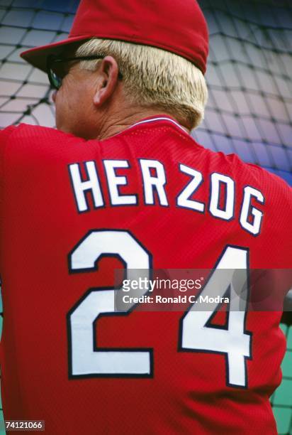 Manager Whitey Herzog of the St. Louis Cardinals during batting practice prior to a game against the Montreal Expos in June 1987 in St. Louis,...