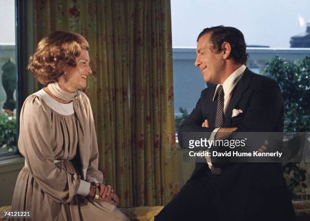 First Lady Betty Ford shares a laugh with television journalist Morley Safter during her CBS "60 Minutes" interview on July 21, 1975 in the Executive...
