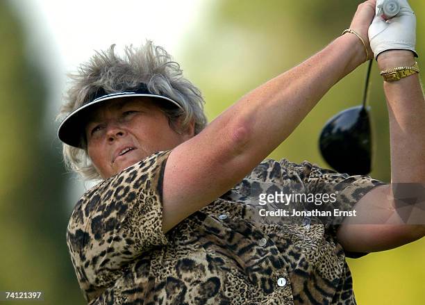 Laura Davies of England hits her drive on the 9th green in Round 1 of the LPGA Michelob Ultra Open at Kingsmill on May 10 in Williamsburg, Virginia.