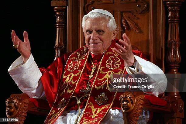 Pope Benedict XVI attends a meeting with Brazilian youth at the Pacaembu stadium, May 10, 2007 in Sao Paulo, Brazil. Pope Benedict XVI is on a...