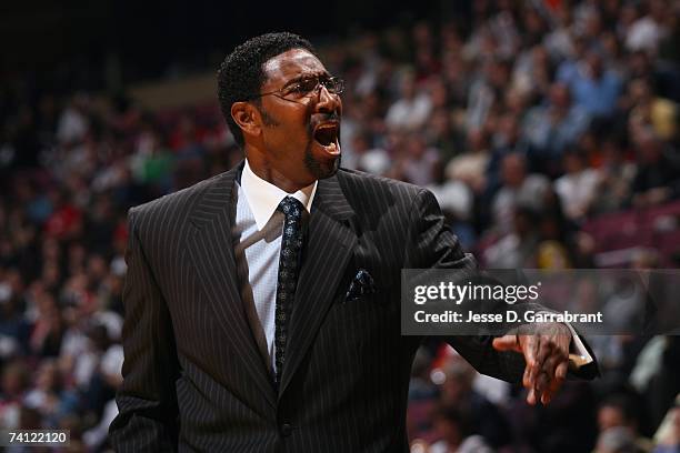 Head coach Sam Mitchell of the Toronto Raptors reacts to a play against the New Jersey Nets in Game Six of the Eastern Conference Quarterfinals...