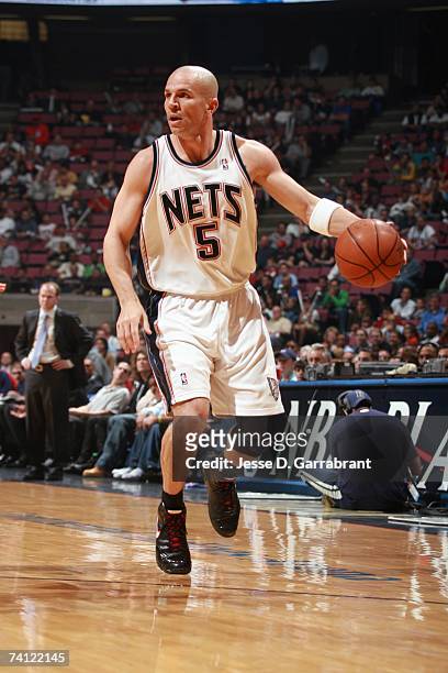 Jason Kidd of the New Jersey Nets moves the ball in Game Six of the Eastern Conference Quarterfinals against the Toronto Raptors during the 2007 NBA...