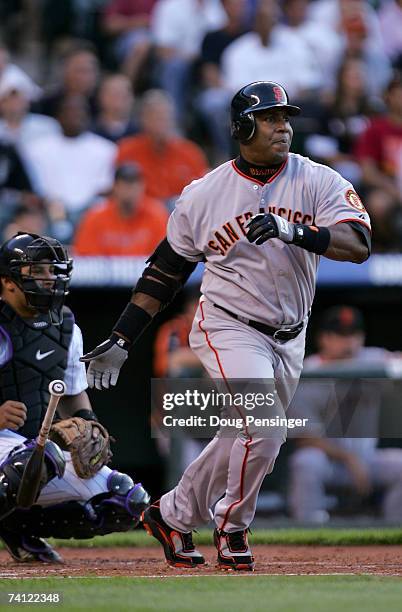 Barry Bonds of the San Francisco Giants grounds out to second baseman Jamey Carroll of the Colorado Rockies in the second inning at Coors Field on...