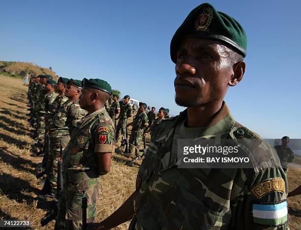 East Timorese soldiers line up during a ceremony in Dili, 11 May 2007 as the country is expecting the official results of its elections in which...