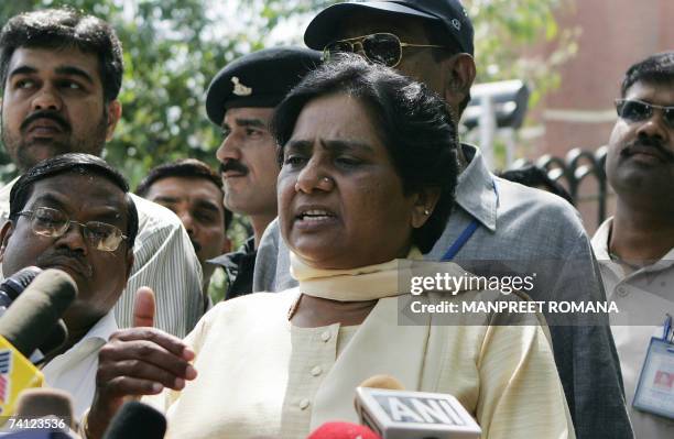In this file photograph dated 06 April 2007, Bahujan Samaj Party chief, Mayawati addresses the media after leaving the Election Commission after...