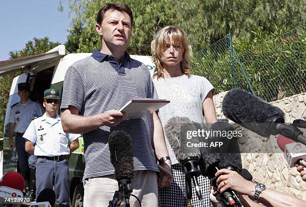 Gerry and Kate McCann, the parents of the missing three-year-old girl Madeleine McCann, read a statement to the press outside their resort apartment,...