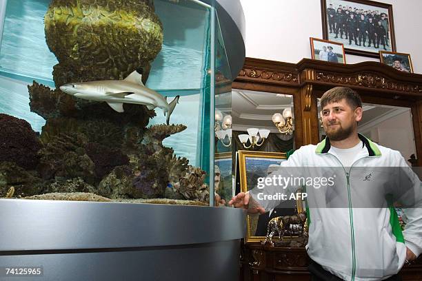 Chechen President Ramzan Kadyrov stands 10 May 2007 next to an exotic fishes aquarium at his residence in Gudermes. Kremlin-backed strongman Ramzan...