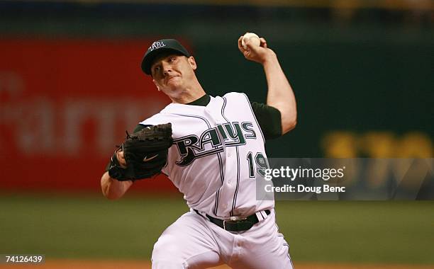 Scott Kazmir of the Tampa Bay Devil Rays pitches against the Oakland Athletics at Tropicana Field on May 5, 2007 in St. Petersburg, Florida. The...