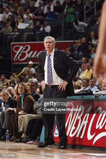 Head Coach Jerry Sloan of the Utah Jazz watches his team play against the New Orleans/Oklahoma City Hornets during the NBA game at Ford Center on...
