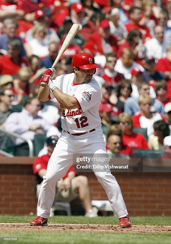 Aaron Miles of the St. Louis Cardinals stands ready at bat against