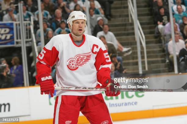 Nicklas Lidstrom of the Detroit Red Wings skates during Game 4 of the 2007 NHL Western Conference Semifinals against the San Jose Sharks on May 2,...