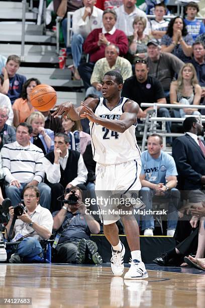 Paul Millsap of the Utah Jazz passes the ball in Game One of the Western Conference Semifinals against the Golden State Warriors during the 2007 NBA...