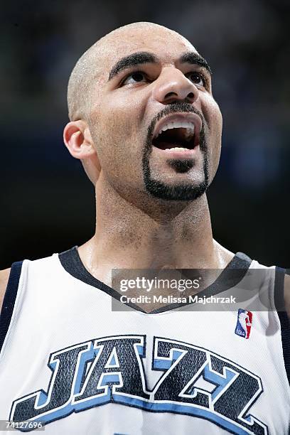 Carlos Boozer of the Utah Jazz reacts to a play in Game One of the Western Conference Semifinals against the Golden State Warriors during the 2007...