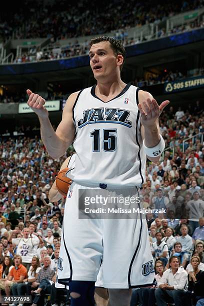 Matt Harpring of the Utah Jazz reacts to a call in Game One of the Western Conference Semifinals against the Golden State Warriors during the 2007...