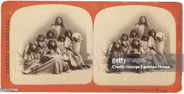Stereoscopic portrait of an unidentifed chief and his family from the Shoshone people, late 1860s or 1870s.