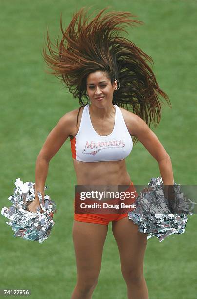 Member of the Florida Marlins Mermaids cheers during the game against the San Diego Padres at Dolphin Stadium on May 6, 2007 in Miami, Florida. The...
