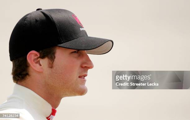 Kasey Kahne, driver of the Dodge Dealers/UAW Dodge, looks on during qualifying for the NASCAR Nextel Cup Series Dodge Avenger 500 on May 11, 2007 at...