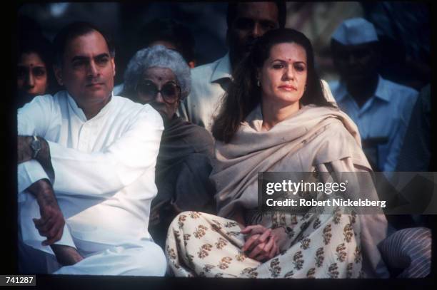 Indian Prime Minister Rajiv Gandhi and his wife Sonia attend the memorial service for Indira Gandhi October 31, 1989 in India. Indira Gandhi was...