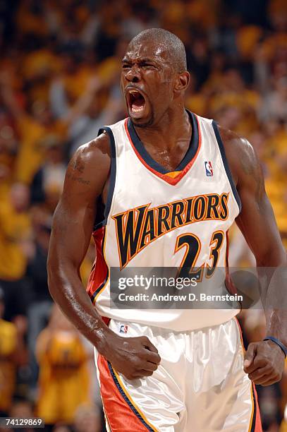 Jason Richardson of the Golden State Warriors celebrates after a made shot against the Utah Jazz in Game Three of the Western Conference Semifinals...