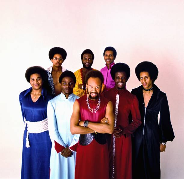 Rhythm and Blues group "Earth, Wind And Fire" pose for publicity photo circa 1972.